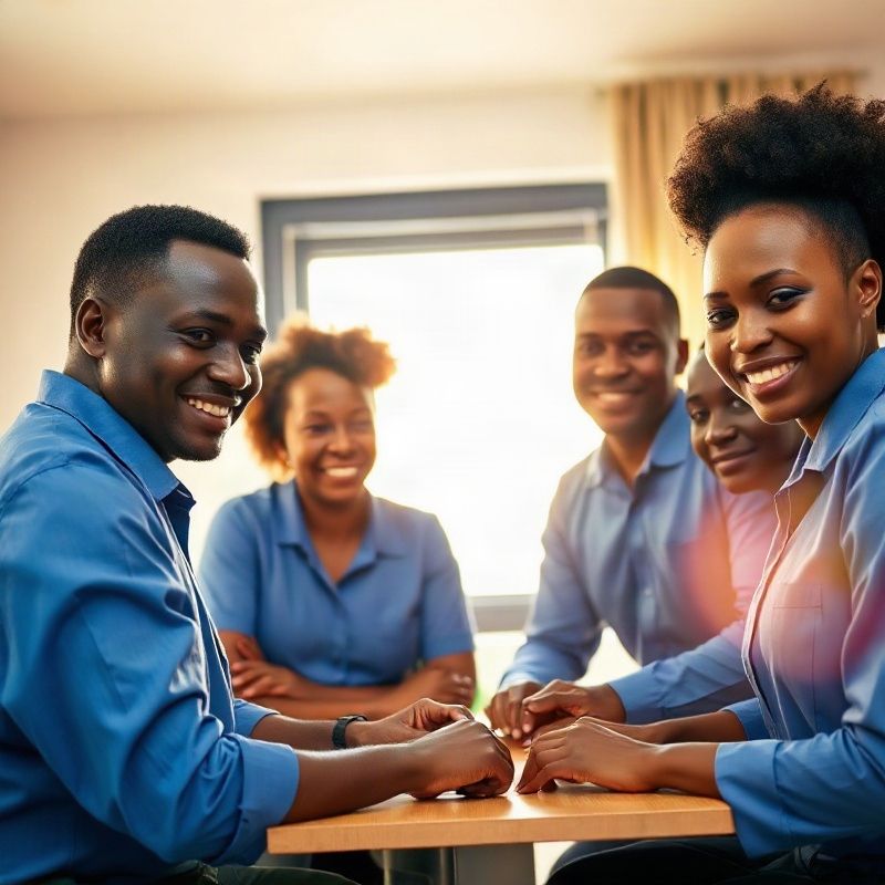 The Forgeyastro family team of five in azure-blue uniforms gathered around a table in their bright Nairobi office