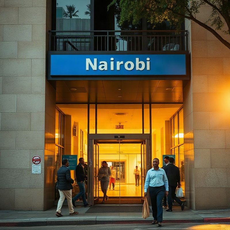 Street-level view of the Forgeyastro entrance with azure-blue signage on Kimathi Street, Nairobi