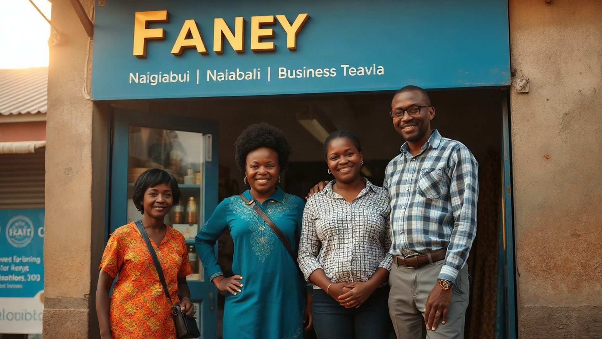 The Forgeyastro family team standing outside their Nairobi shopfront in the morning light