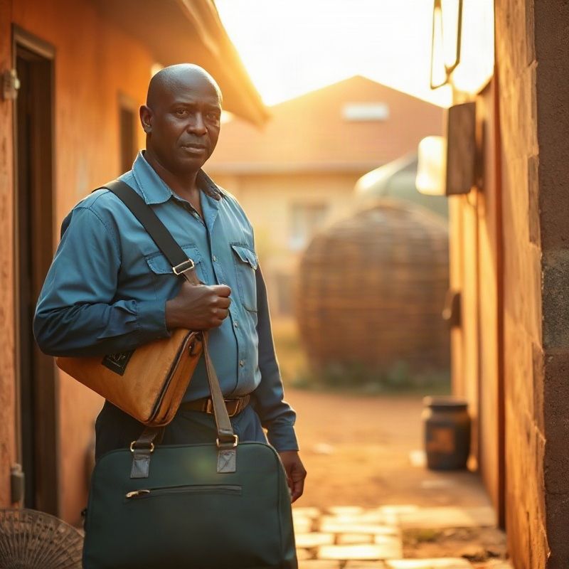A Forgeyastro team member in azure-blue uniform arriving at a Nairobi home with a neat kit bag